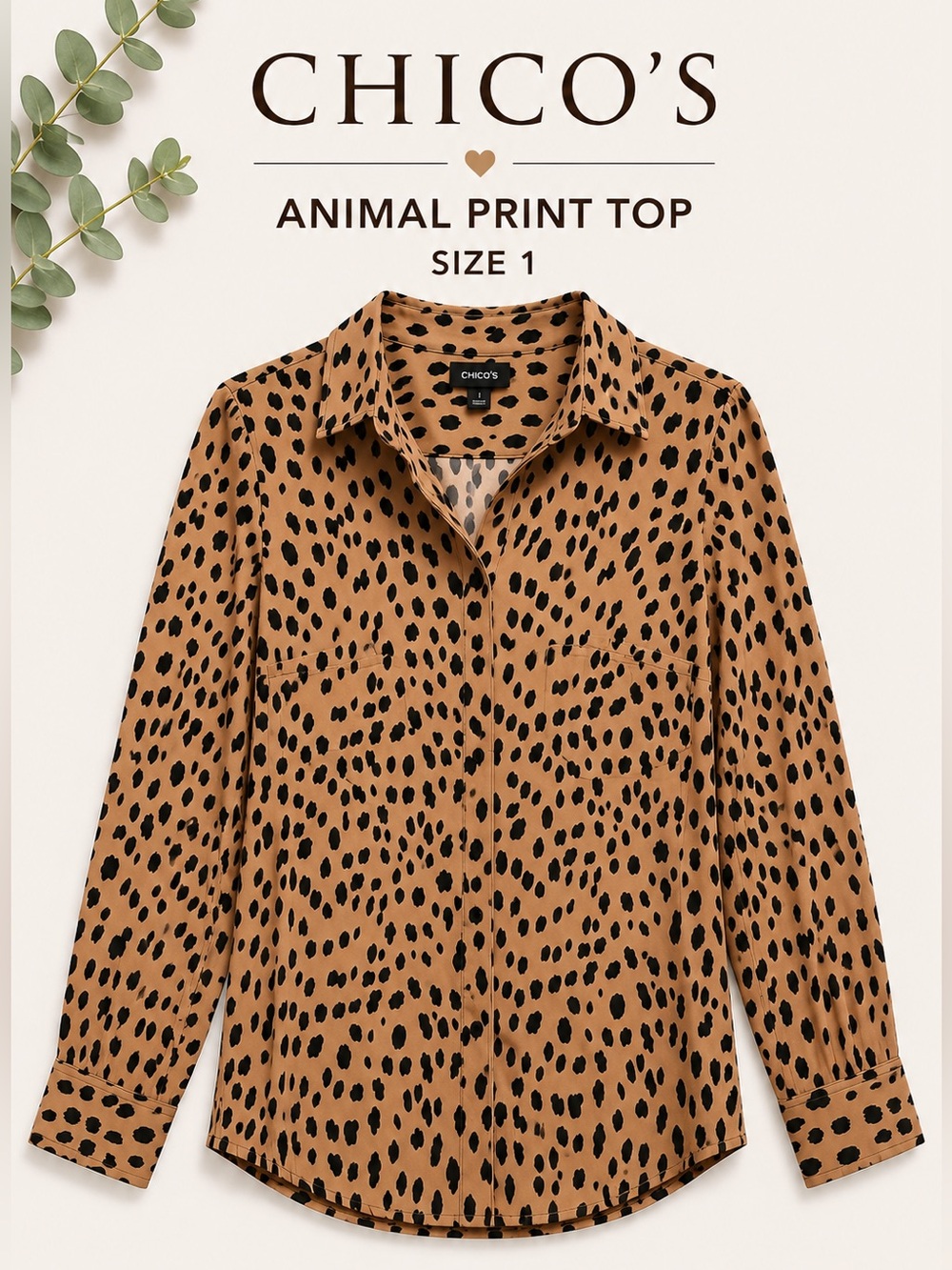Chico’s Animal Print Button Front Blouse Tan Black Top Size 1